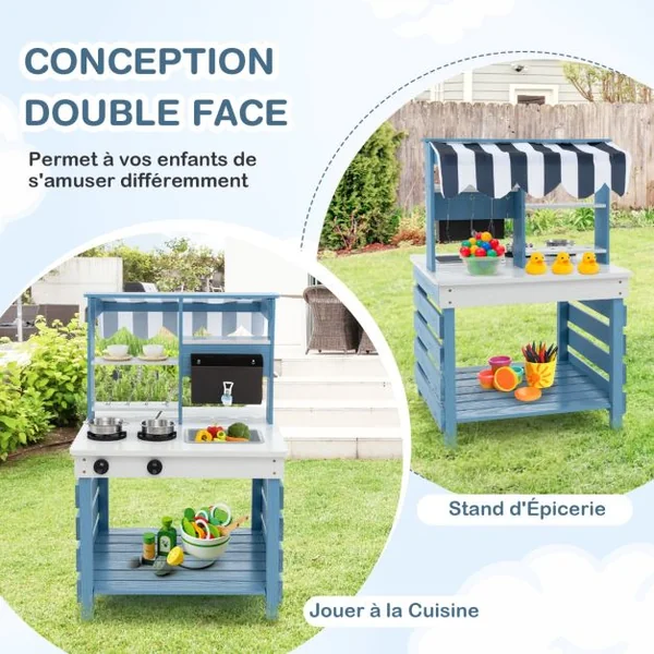 Cuisine de Jeu 2 en 1 en Bois avec Cuisinières Evier Réservoir à Eau Robinet et Ustensiles de Cuisine Jeu de Cuisine avec Toit pour 3+ Ans