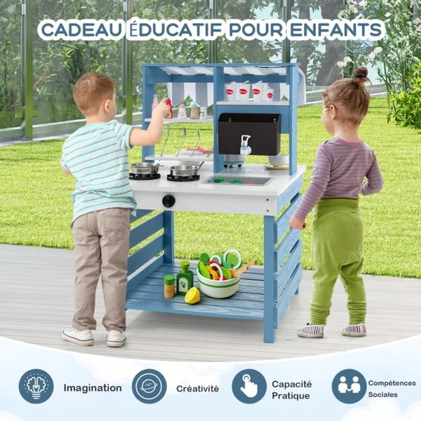 Cuisine de Jeu 2 en 1 en Bois avec Cuisinières Evier Réservoir à Eau Robinet et Ustensiles de Cuisine Jeu de Cuisine avec Toit pour 3+ Ans