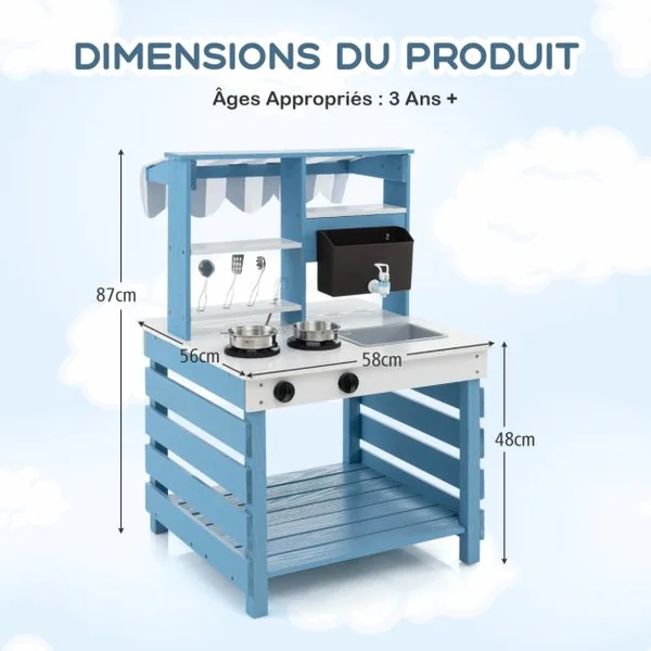 Cuisine de Jeu 2 en 1 en Bois avec Cuisinières Evier Réservoir à Eau Robinet et Ustensiles de Cuisine Jeu de Cuisine avec Toit pour 3+ Ans