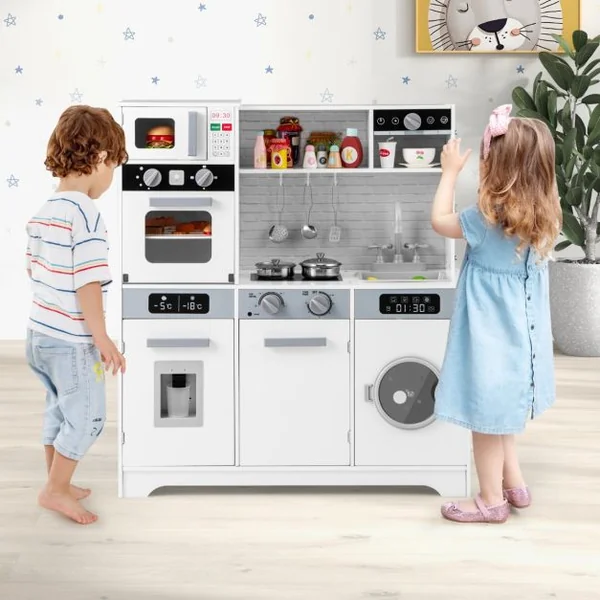 Cuisine de Jeu pour 3 Ans et Plus Jouets de Cuisine en Bois avec Evier Robinet Distributeur d’Eau Micro-ondes Four Ustensiles Blanc