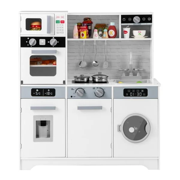 Cuisine de Jeu pour 3 Ans et Plus Jouets de Cuisine en Bois avec Evier Robinet Distributeur d’Eau Micro-ondes Four Ustensiles Blanc