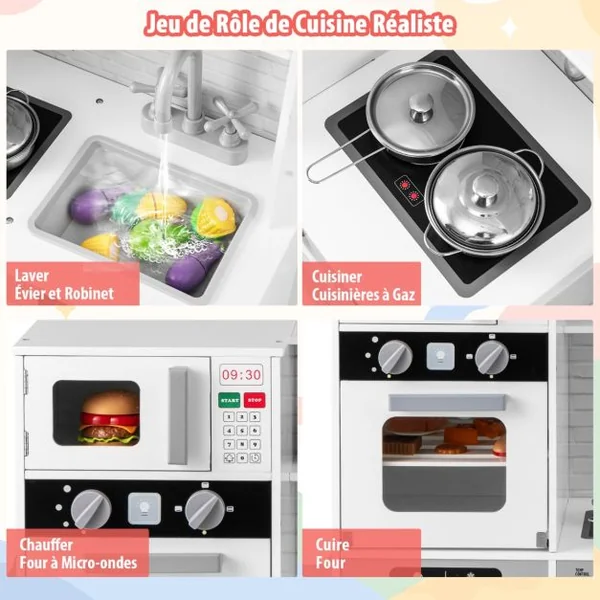 Cuisine de Jeu pour 3 Ans et Plus Jouets de Cuisine en Bois avec Evier Robinet Distributeur d’Eau Micro-ondes Four Ustensiles Blanc