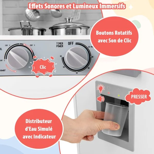 Cuisine de Jeu pour 3 Ans et Plus Jouets de Cuisine en Bois avec Evier Robinet Distributeur d’Eau Micro-ondes Four Ustensiles Blanc