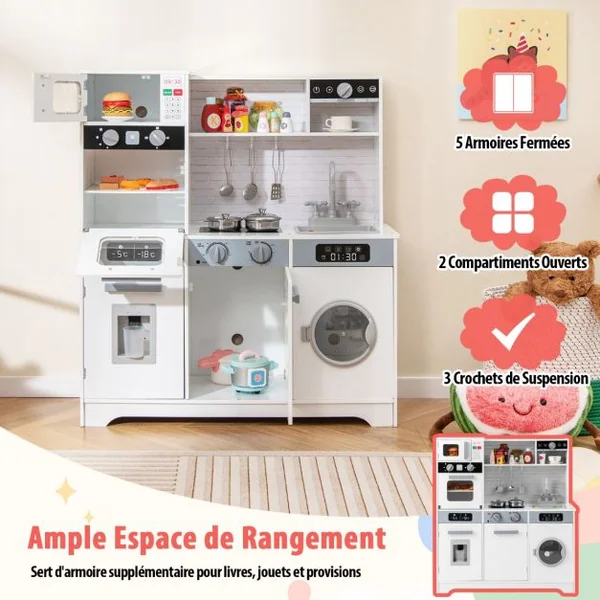 Cuisine de Jeu pour 3 Ans et Plus Jouets de Cuisine en Bois avec Evier Robinet Distributeur d’Eau Micro-ondes Four Ustensiles Blanc