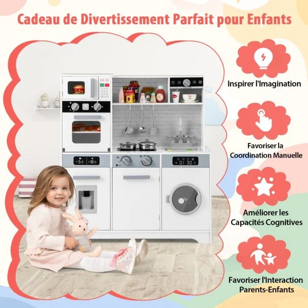 Cuisine de Jeu pour 3 Ans et Plus Jouets de Cuisine en Bois avec Evier Robinet Distributeur d’Eau Micro-ondes Four Ustensiles Blanc