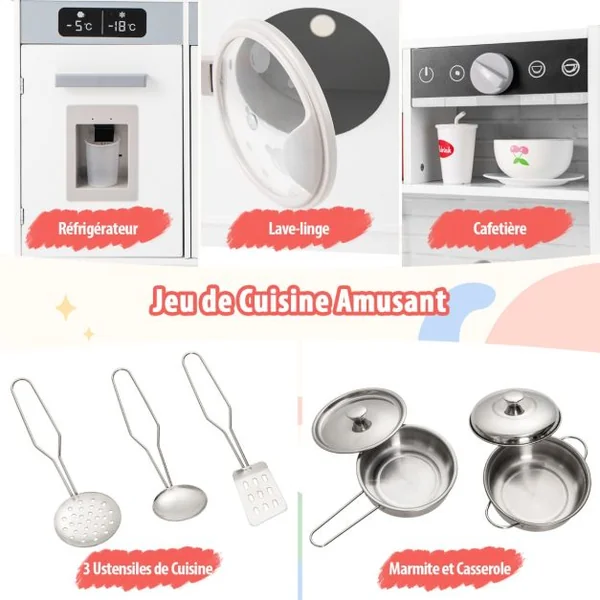 Cuisine de Jeu pour 3 Ans et Plus Jouets de Cuisine en Bois avec Evier Robinet Distributeur d’Eau Micro-ondes Four Ustensiles Blanc