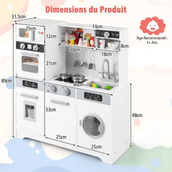 Cuisine de Jeu pour 3 Ans et Plus Jouets de Cuisine en Bois avec Evier Robinet Distributeur d’Eau Micro-ondes Four Ustensiles Blanc