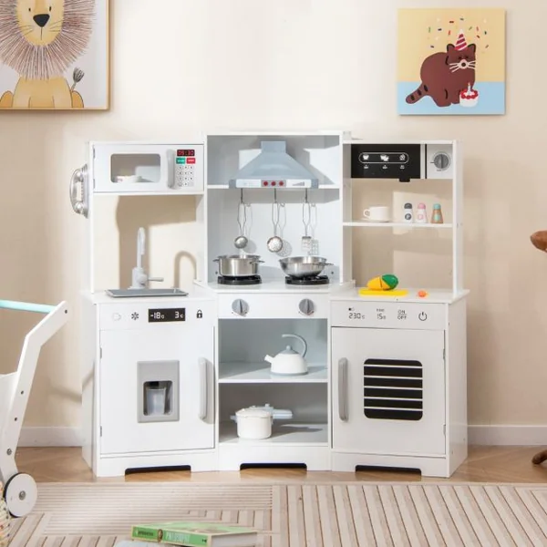 Cuisine de Jeu pour Enfants de 3 Ans+ Jouets en Bois Avec Hotte Machine à Glaçons Evier Robinet Micro-ondes Four Ustensiles Sons Blanc/Marron
