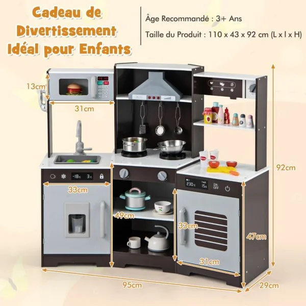 Cuisine de Jeu pour Enfants de 3 Ans+ Jouets en Bois Avec Hotte Machine à Glaçons Evier Robinet Micro-ondes Four Ustensiles Sons Blanc/Marron