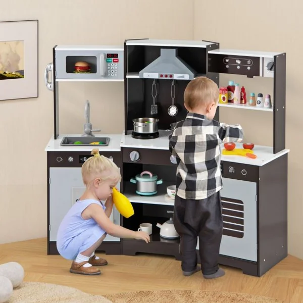 Cuisine de Jeu pour Enfants de 3 Ans+ Jouets en Bois Avec Hotte Machine à Glaçons Evier Robinet Micro-ondes Four Ustensiles Sons Blanc/Marron