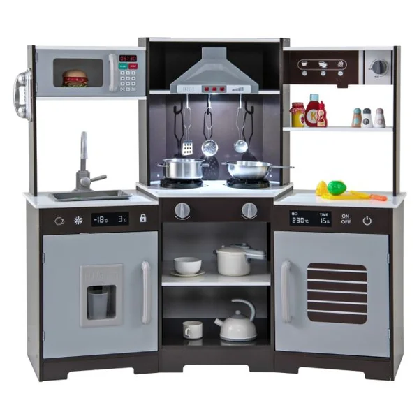 Cuisine de Jeu pour Enfants de 3 Ans+ Jouets en Bois Avec Hotte Machine à Glaçons Evier Robinet Micro-ondes Four Ustensiles Sons Blanc/Marron
