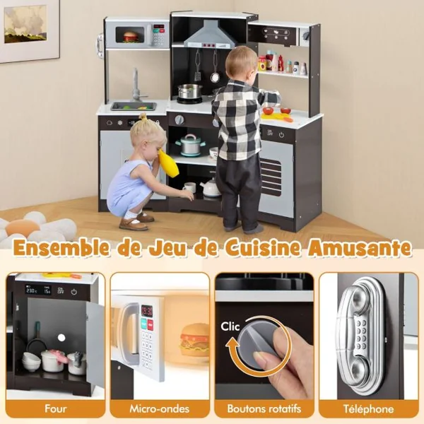 Cuisine de Jeu pour Enfants de 3 Ans+ Jouets en Bois Avec Hotte Machine à Glaçons Evier Robinet Micro-ondes Four Ustensiles Sons Blanc/Marron