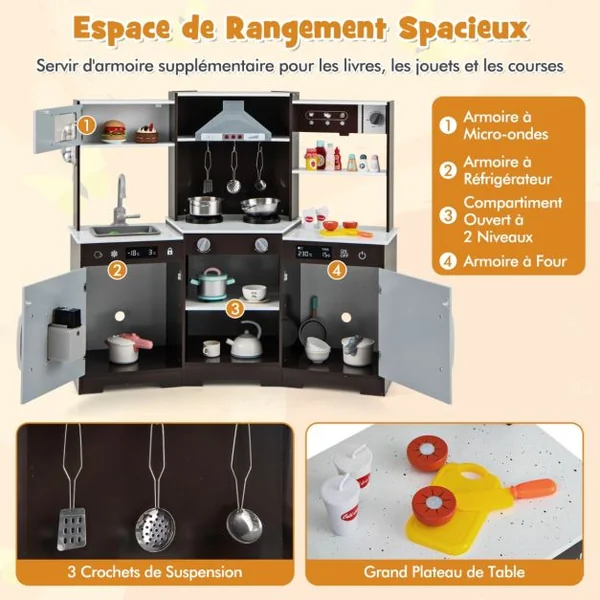 Cuisine de Jeu pour Enfants de 3 Ans+ Jouets en Bois Avec Hotte Machine à Glaçons Evier Robinet Micro-ondes Four Ustensiles Sons Blanc/Marron