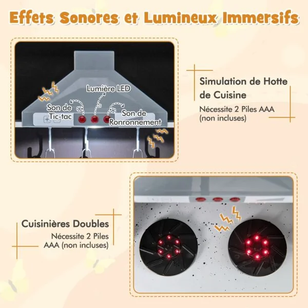 Cuisine de Jeu pour Enfants de 3 Ans+ Jouets en Bois Avec Hotte Machine à Glaçons Evier Robinet Micro-ondes Four Ustensiles Sons Blanc/Marron