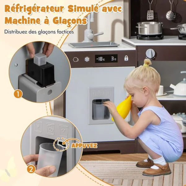 Cuisine de Jeu pour Enfants de 3 Ans+ Jouets en Bois Avec Hotte Machine à Glaçons Evier Robinet Micro-ondes Four Ustensiles Sons Blanc/Marron