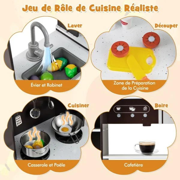 Cuisine de Jeu pour Enfants de 3 Ans+ Jouets en Bois Avec Hotte Machine à Glaçons Evier Robinet Micro-ondes Four Ustensiles Sons Blanc/Marron