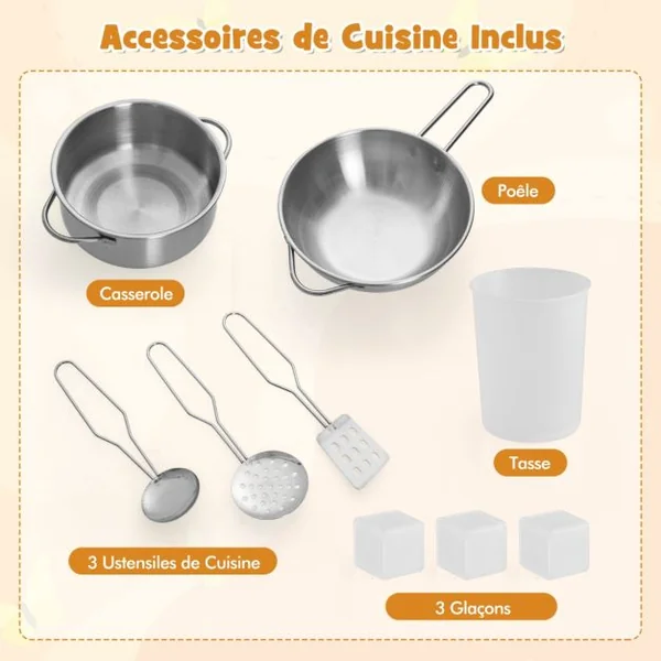 Cuisine de Jeu pour Enfants de 3 Ans+ Jouets en Bois Avec Hotte Machine à Glaçons Evier Robinet Micro-ondes Four Ustensiles Sons Blanc/Marron
