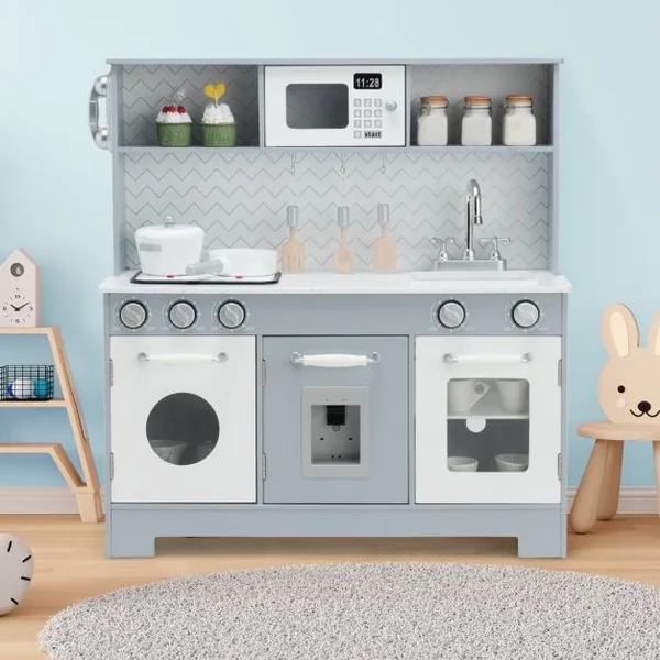 Cuisine de Jeu pour Enfants en Bois avec Accessoires Évier Téléphone Micro-ondes Four Distributeur d'Eau et Cuisinière Gris