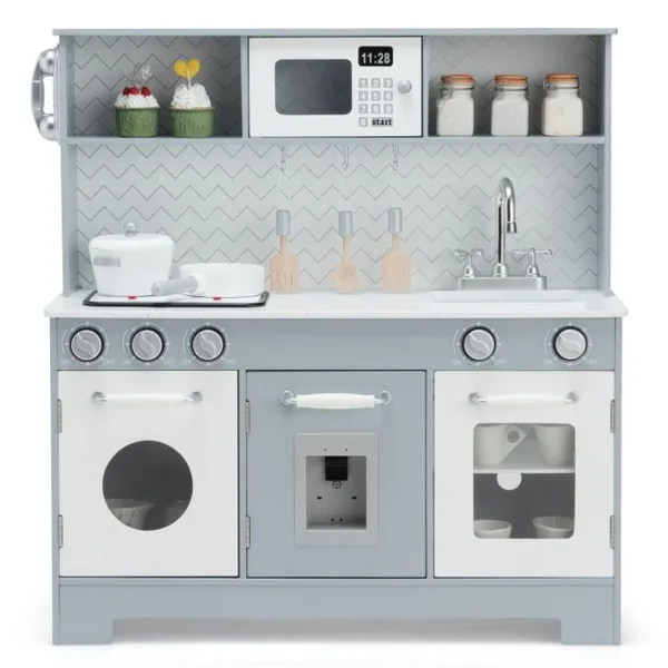 Cuisine de Jeu pour Enfants en Bois avec Accessoires Évier Téléphone Micro-ondes Four Distributeur d'Eau et Cuisinière Gris