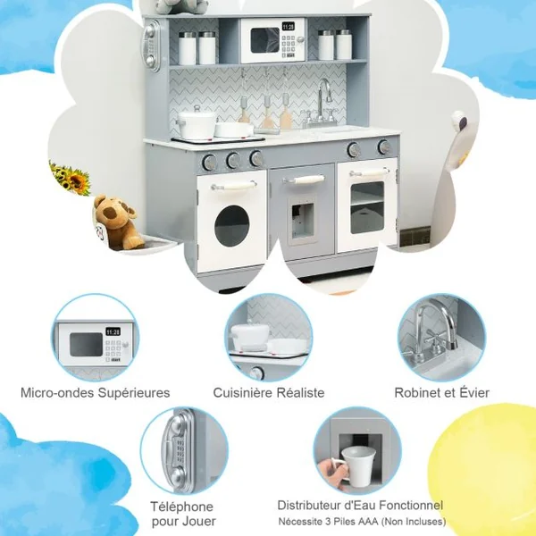 Cuisine de Jeu pour Enfants en Bois avec Accessoires Évier Téléphone Micro-ondes Four Distributeur d'Eau et Cuisinière Gris