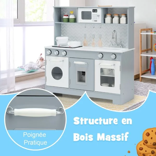 Cuisine de Jeu pour Enfants en Bois avec Accessoires Évier Téléphone Micro-ondes Four Distributeur d'Eau et Cuisinière Gris