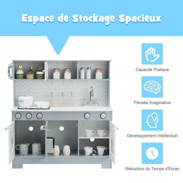 Cuisine de Jeu pour Enfants en Bois avec Accessoires Évier Téléphone Micro-ondes Four Distributeur d'Eau et Cuisinière Gris