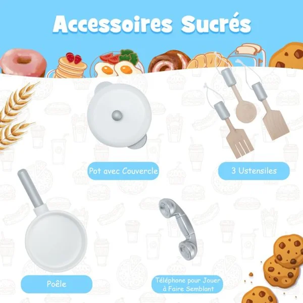 Cuisine de Jeu pour Enfants en Bois avec Accessoires Évier Téléphone Micro-ondes Four Distributeur d'Eau et Cuisinière Gris