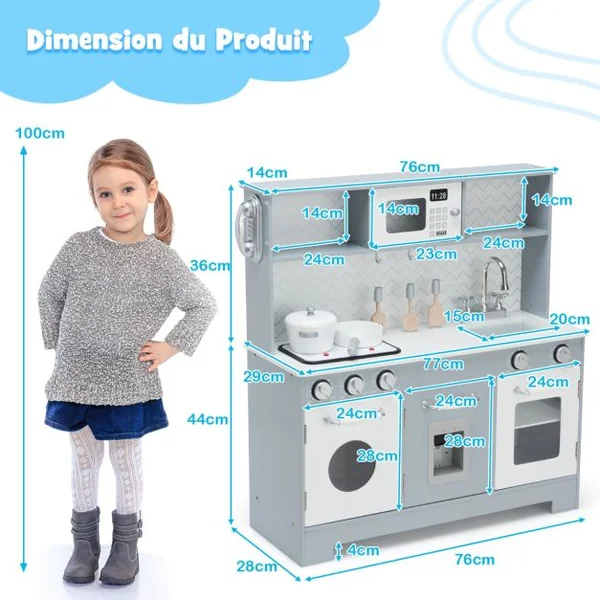 Cuisine de Jeu pour Enfants en Bois avec Accessoires Évier Téléphone Micro-ondes Four Distributeur d'Eau et Cuisinière Gris