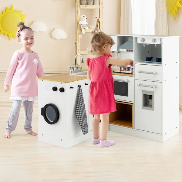 Cuisine d’Imitation Enfants en Bois avec Tabouret et Machine à Laver Cafetière Distributeur d'Eaupour Enfants 3 Ans+
