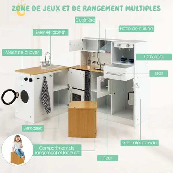 Cuisine d’Imitation Enfants en Bois avec Tabouret et Machine à Laver Cafetière Distributeur d'Eaupour Enfants 3 Ans+