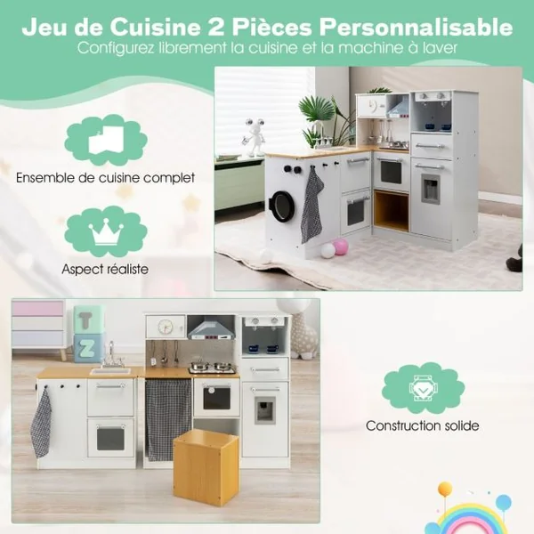 Cuisine d’Imitation Enfants en Bois avec Tabouret et Machine à Laver Cafetière Distributeur d'Eaupour Enfants 3 Ans+