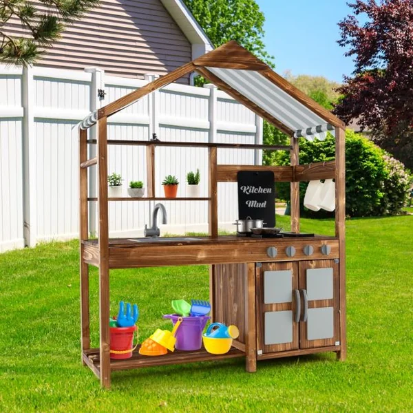 Cuisine en Bois avec Auvent Robinet Rotatif&Evier Amovible Poêles&Boutons Réalistes pour 3-7 Ans Naturel