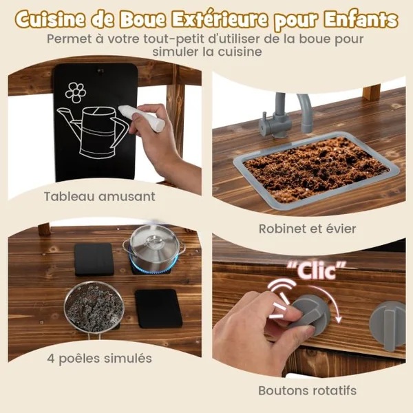Cuisine en Bois avec Auvent Robinet Rotatif&Evier Amovible Poêles&Boutons Réalistes pour 3-7 Ans Naturel