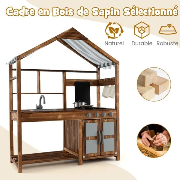 Cuisine en Bois avec Auvent Robinet Rotatif&Evier Amovible Poêles&Boutons Réalistes pour 3-7 Ans Naturel