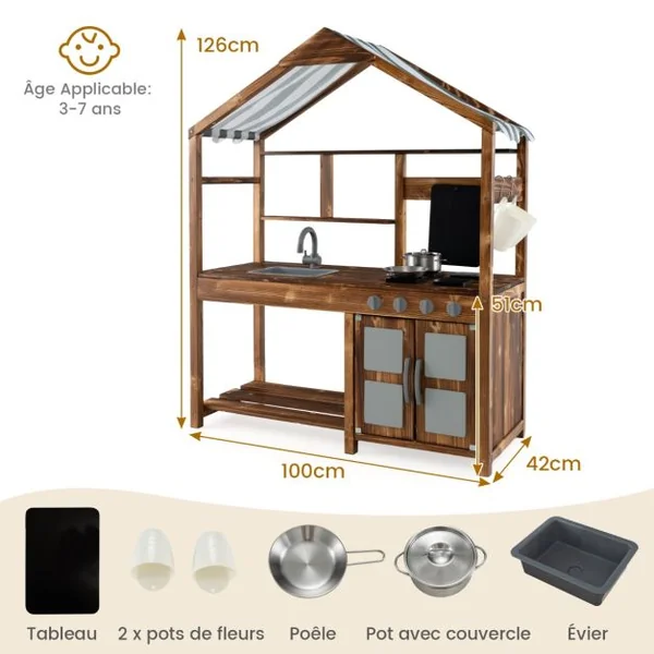 Cuisine en Bois avec Auvent Robinet Rotatif&Evier Amovible Poêles&Boutons Réalistes pour 3-7 Ans Naturel