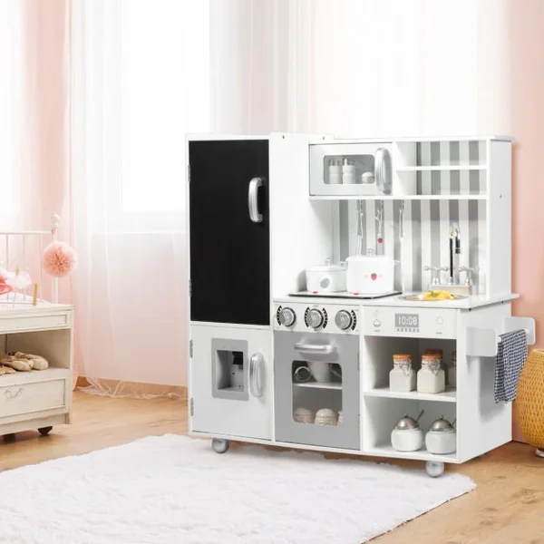 Cuisine en Bois Enfants avec 7 Accessoires & Effet Sonore Cuisiniere Enfants avec Tableau Noir Réfrigérateur & Distributeur d'Eau