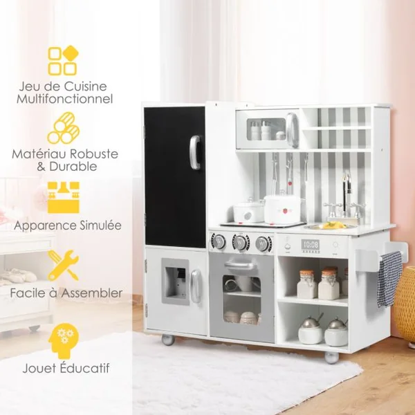 Cuisine en Bois Enfants avec 7 Accessoires & Effet Sonore Cuisiniere Enfants avec Tableau Noir Réfrigérateur & Distributeur d'Eau