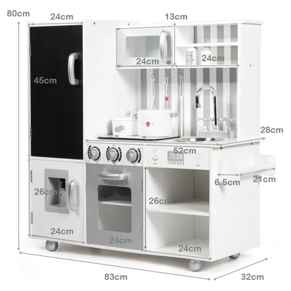 Cuisine en Bois Enfants avec 7 Accessoires & Effet Sonore Cuisiniere Enfants avec Tableau Noir Réfrigérateur & Distributeur d'Eau