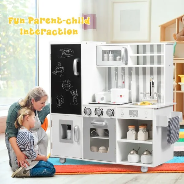 Cuisine en Bois Enfants avec 7 Accessoires & Effet Sonore Cuisiniere Enfants avec Tableau Noir Réfrigérateur & Distributeur d'Eau