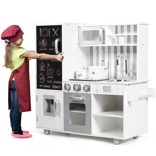 Cuisine en Bois Enfants avec 7 Accessoires & Effet Sonore Cuisiniere Enfants avec Tableau Noir Réfrigérateur & Distributeur d'Eau