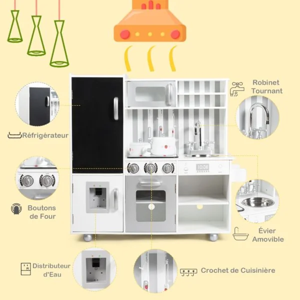 Cuisine en Bois Enfants avec 7 Accessoires & Effet Sonore Cuisiniere Enfants avec Tableau Noir Réfrigérateur & Distributeur d'Eau