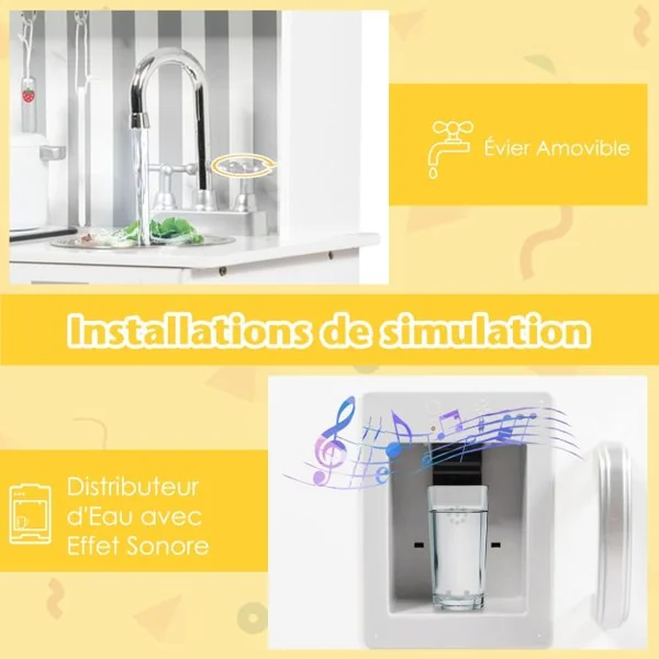 Cuisine en Bois Enfants avec 7 Accessoires & Effet Sonore Cuisiniere Enfants avec Tableau Noir Réfrigérateur & Distributeur d'Eau