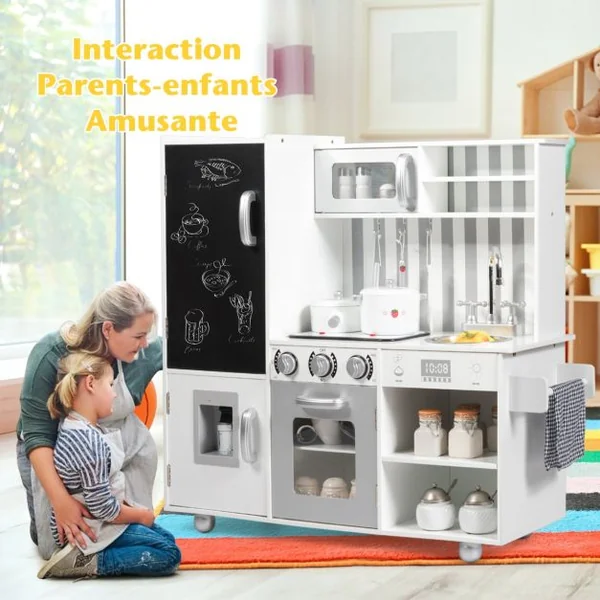 Cuisine en Bois Enfants avec 7 Accessoires & Effet Sonore Cuisiniere Enfants avec Tableau Noir Réfrigérateur & Distributeur d'Eau
