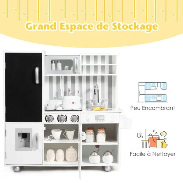 Cuisine en Bois Enfants avec 7 Accessoires & Effet Sonore Cuisiniere Enfants avec Tableau Noir Réfrigérateur & Distributeur d'Eau