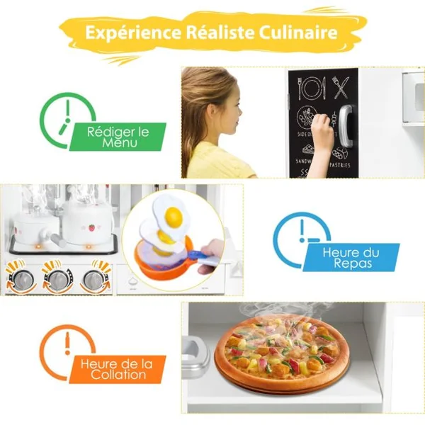 Cuisine en Bois Enfants avec 7 Accessoires & Effet Sonore Cuisiniere Enfants avec Tableau Noir Réfrigérateur & Distributeur d'Eau