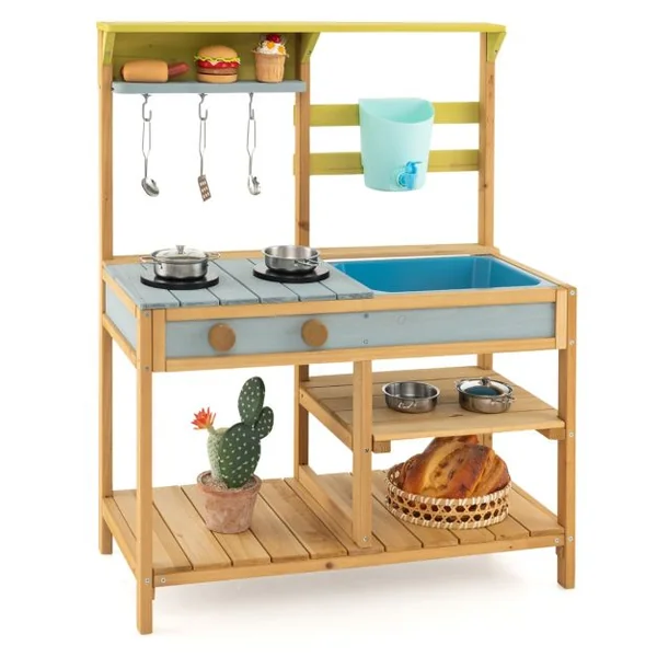 Cuisine en Bois Enfants avec Réservoir à Eau 700 ml & Robinet Jeu de Cuisine Enfants avec Bouton Rotatif Etagère Amovible pour Enfants de 3-8 Ans