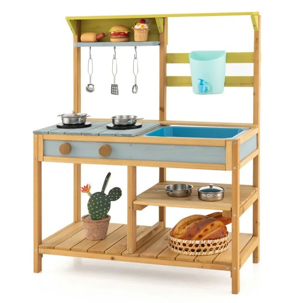 Cuisine en Bois Enfants avec Réservoir à Eau 700 ml & Robinet Jeu de Cuisine Enfants avec Bouton Rotatif Etagère Amovible pour Enfants de 3-8 Ans