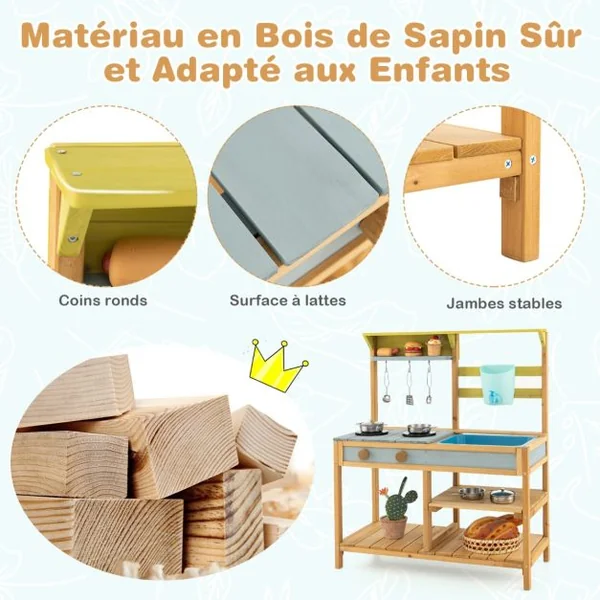 Cuisine en Bois Enfants avec Réservoir à Eau 700 ml & Robinet Jeu de Cuisine Enfants avec Bouton Rotatif Etagère Amovible pour Enfants de 3-8 Ans