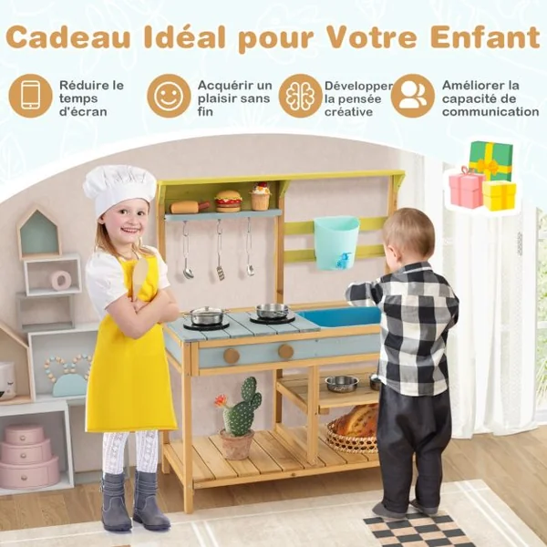 Cuisine en Bois Enfants avec Réservoir à Eau 700 ml & Robinet Jeu de Cuisine Enfants avec Bouton Rotatif Etagère Amovible pour Enfants de 3-8 Ans