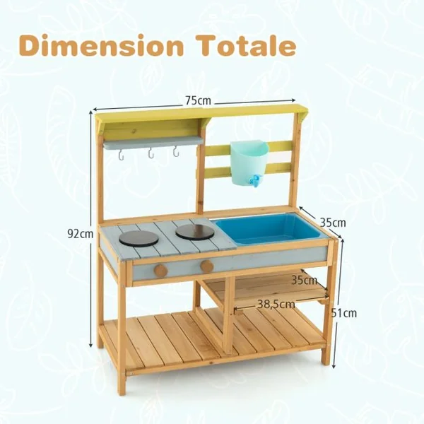 Cuisine en Bois Enfants avec Réservoir à Eau 700 ml & Robinet Jeu de Cuisine Enfants avec Bouton Rotatif Etagère Amovible pour Enfants de 3-8 Ans